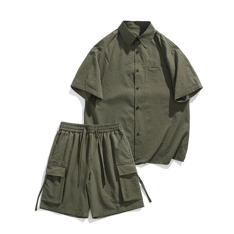 Rodgers | Zomer Sets Effen Kleur Casual Shirt Cargo Shorts Trainingspak O-hals Losse Korte Mouwen