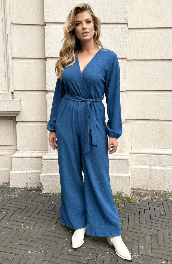 Valentina | Gesmokte Jumpsuit V-hals Jeansblauw