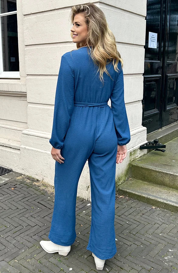 Valentina | Gesmokte Jumpsuit V-hals Jeansblauw