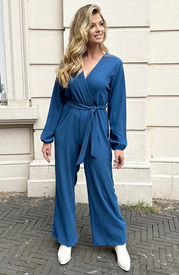 Valentina | Gesmokte Jumpsuit V-hals Jeansblauw